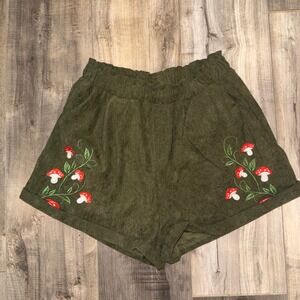 ROMWE Mushroom Embroidered Shorts Womens S Green Cottagecore Fairycore Boho